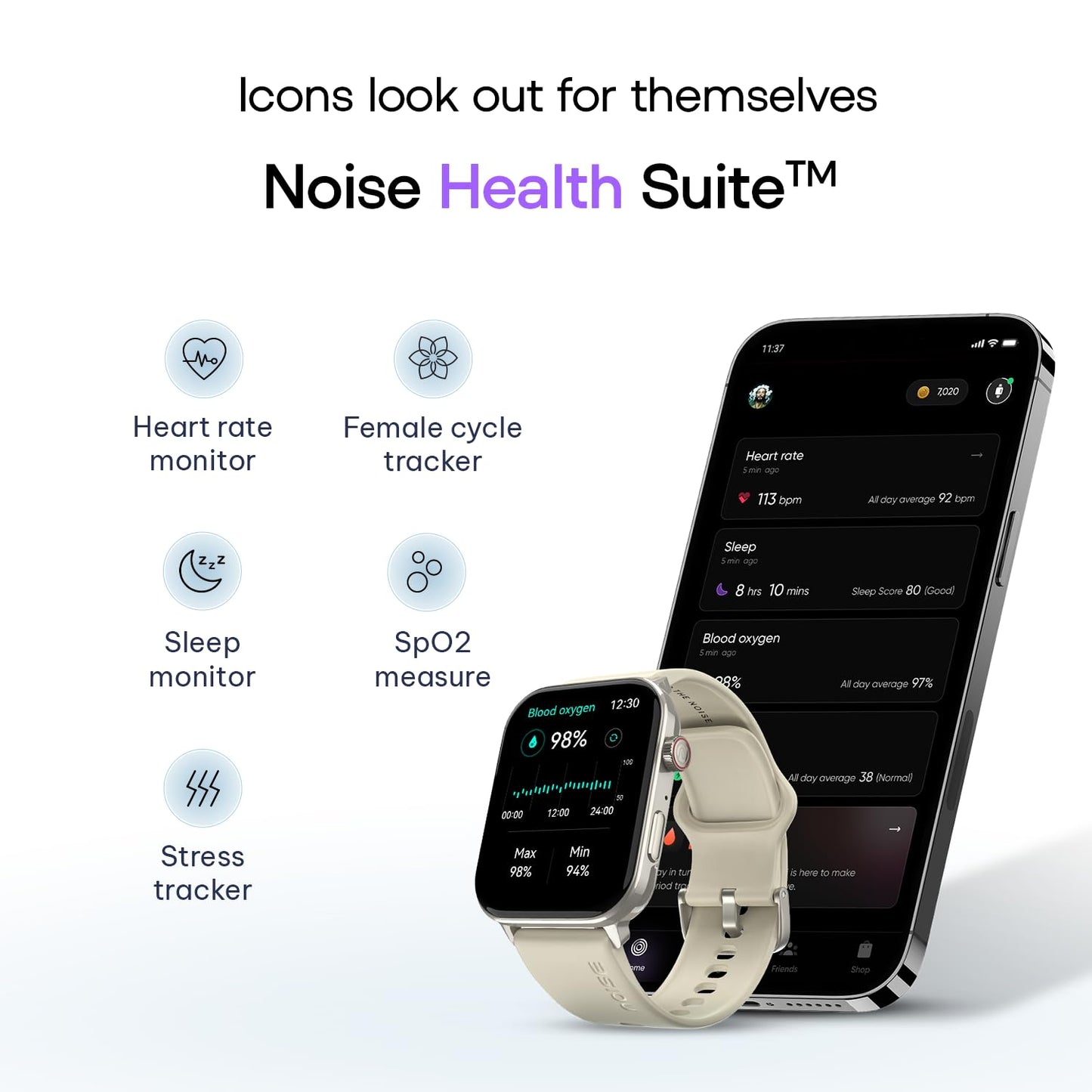 Noise Icon 5 Smartwatch with AI Watch Faces & AI Search, 1.95” AMOLED Display, 10 Days Battery, Bluetooth Calling, 100+ Sports Modes, IP68 (Starlight Gold)