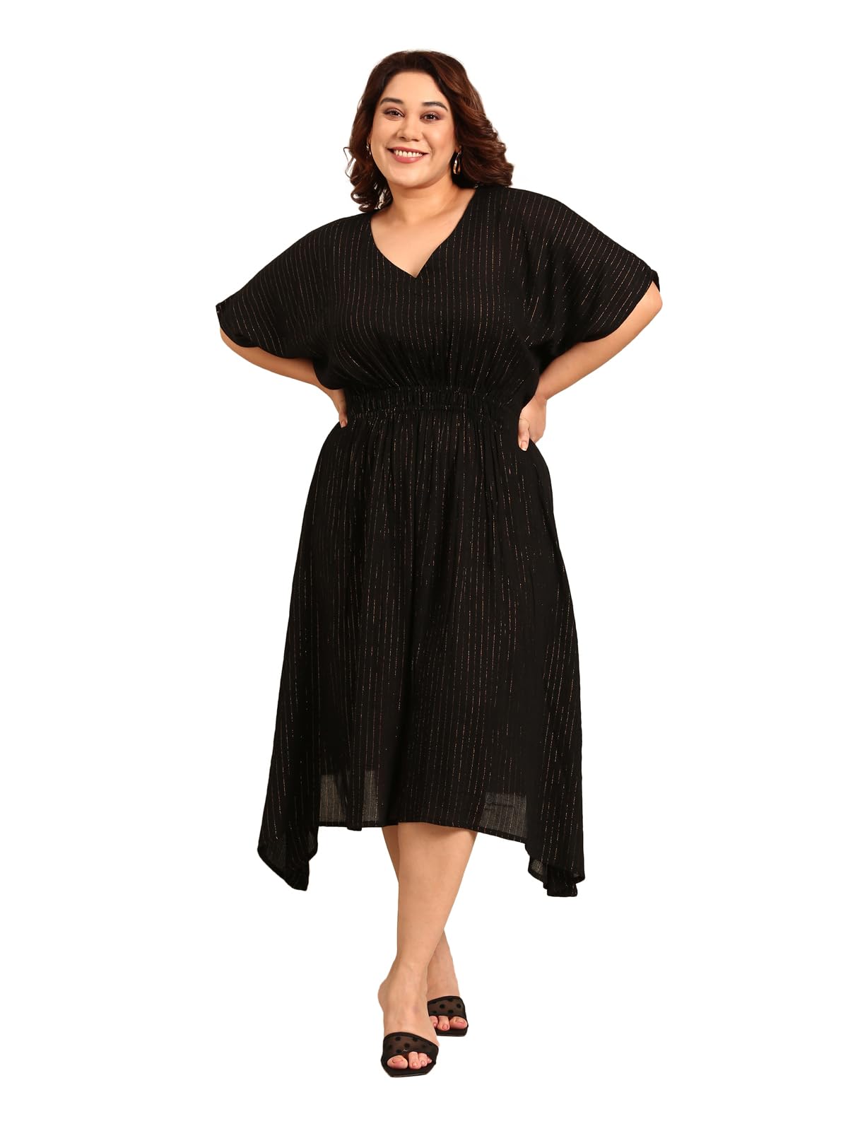 The Pink Moon Women's Maxi Plus Size Black and Gold Lurex Dress with Waist Smocking Dress - (DRS_SMKING_GOLDLX_Black_2XL)