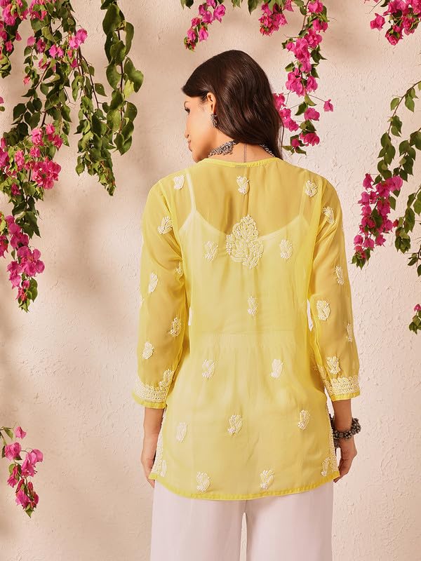 Ada Hand Embroidered Lucknowi Chikankari Georgette Short Kurti Top Tunic for Women A911494 Yellow (M)