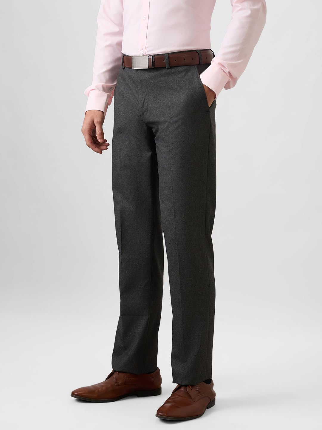 Park Avenue Men Regular Fit Solid Pattern Polyester Blend Flat Front Formal Trouser Dark Grey