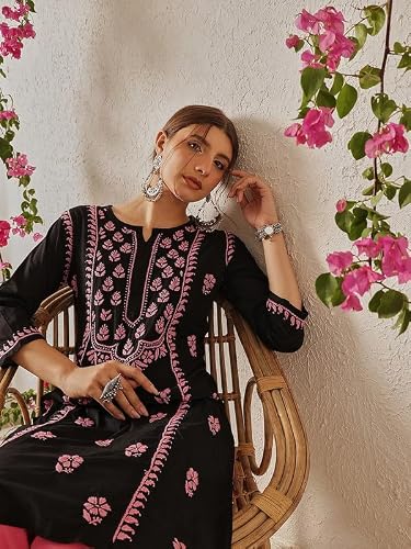 Ada Hand Embroidered Lucknowi Chikankari Straight Cotton Round Neck Kurti Kurta for Women A411771 (2XL) Black/Pink
