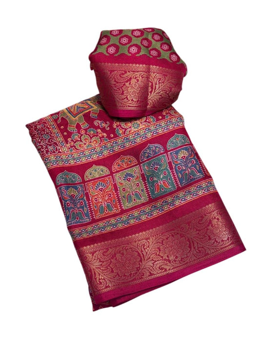 BRAHMAKHODAL Dola Silk Saree All Over Solid Plain Soft Zari Weaving Beautiful Border And Pallu With Blouse Piece (Red2)