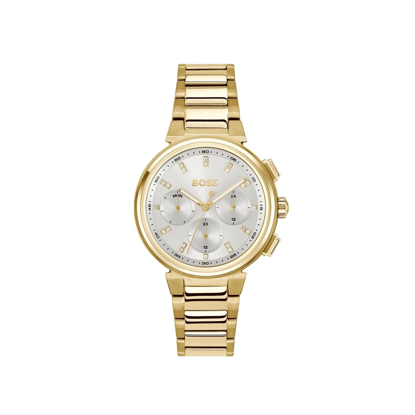 BOSS One Qtz Multifunction Silver White Round Dial Women's Watch|Ionic Plated Thin Gold Steel Material|Gold Color Band - 1502807