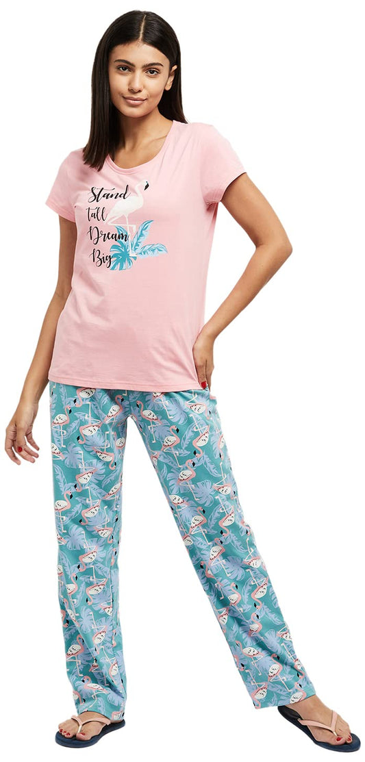 Max Women Printed Round Neck T-Shirt with Elasticated Pyjamas (SU22OTS10PINK)_M