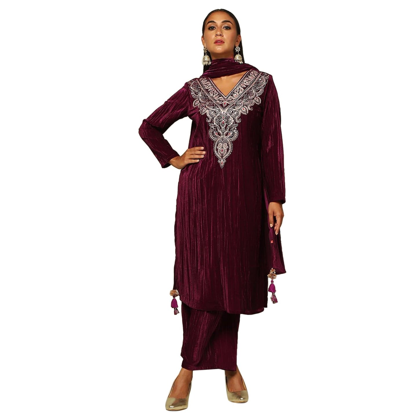 Rangriti Women's Poly Velvet Kurta Set (WNTRWR20385AW24WINE_Wine