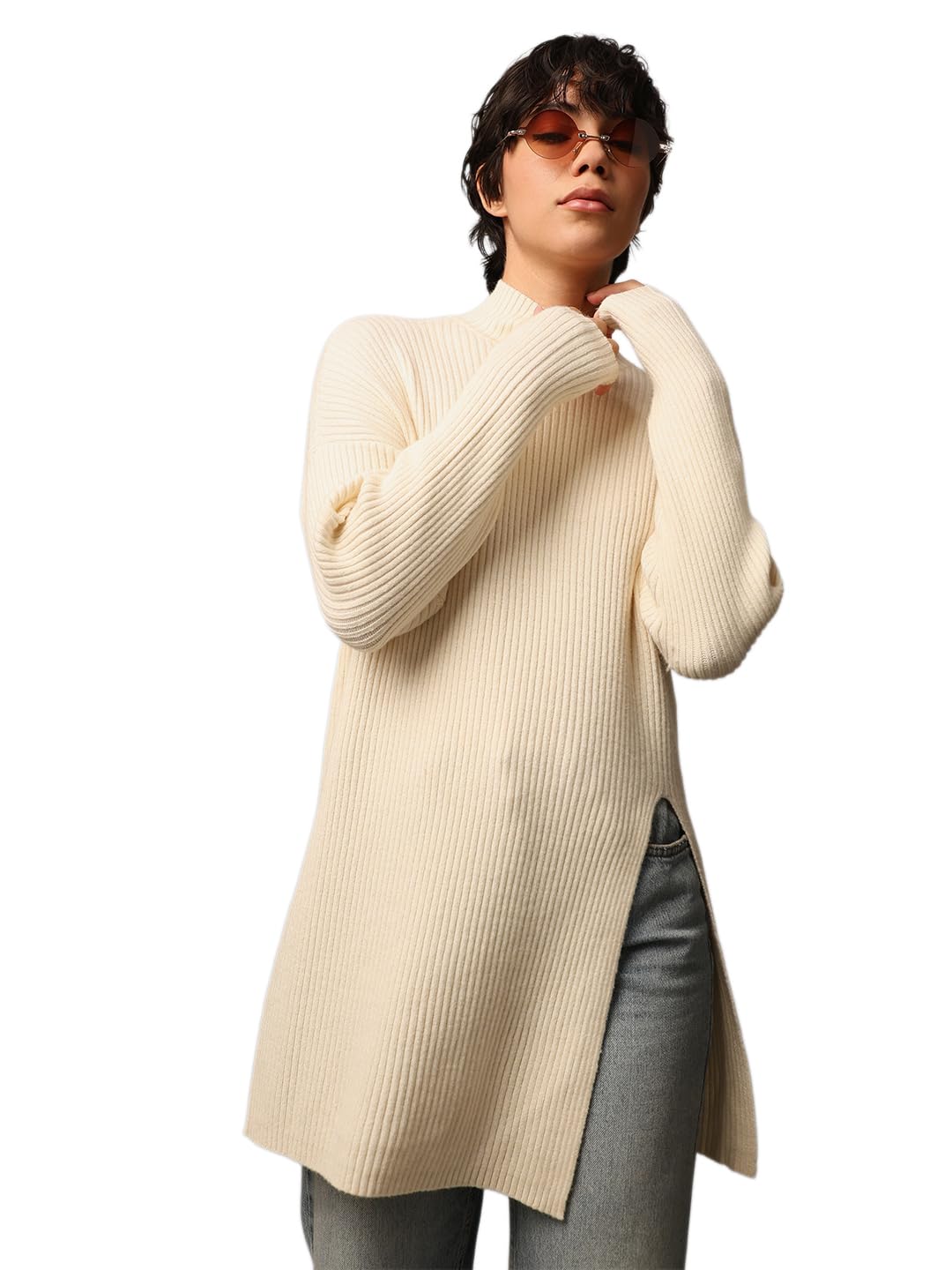 ONLY Women's Rayon Blend High Neck Pullover Sweater (15311810-Whitecap Gray_Whitecap