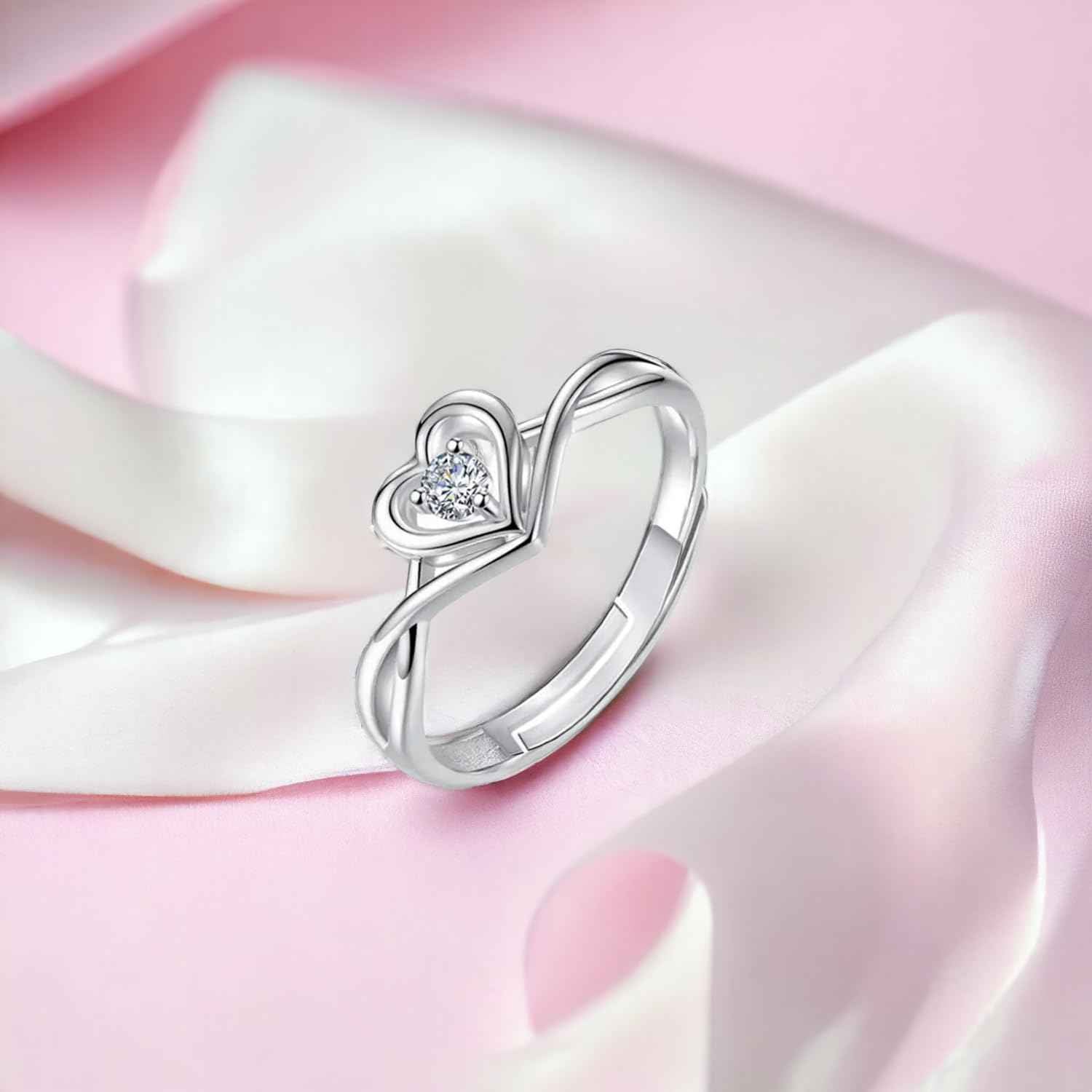 Okos Women Fashion Jewellery Rhodium Plated Solitaire Style Adjustable Heart Finger Ring with Cz Stone For Girls and Women FR1000970WHT