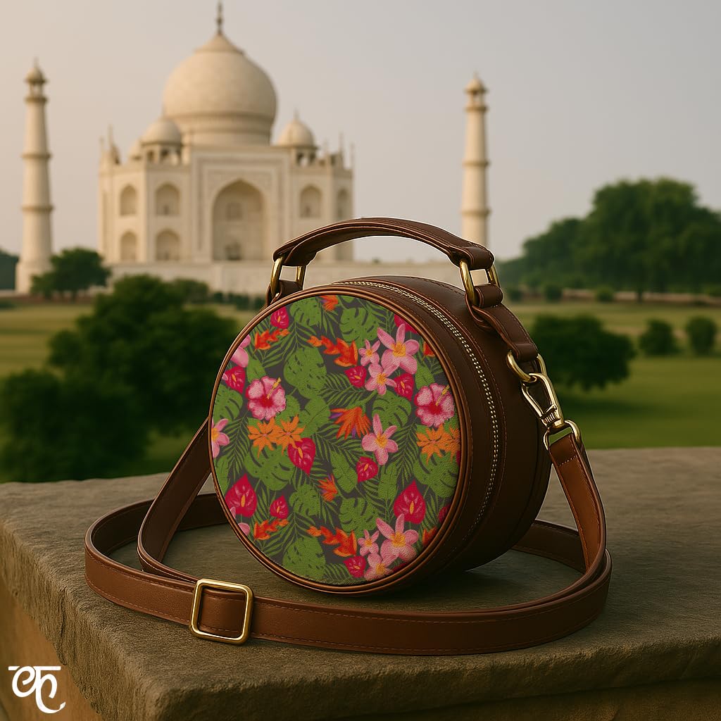 Kalankit Round Sling For Women | Girls Crossbody Bags | Side Bags With Adjustable Strap | Travel Box Sling Bags | Tropical Paradise