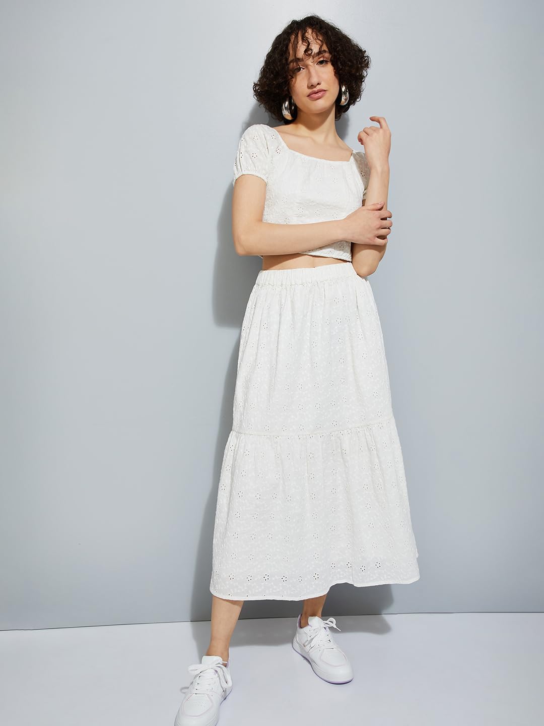 Max URB_N Women Schiffli Midi Skirt (Ivory_M)