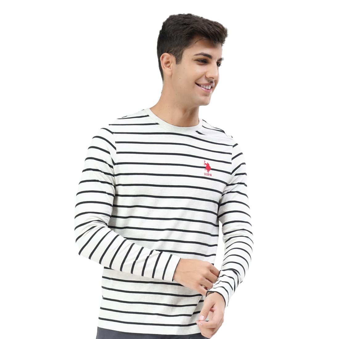 US Polo Association Men's Striped Regular fit T-Shirt (I689-010-ST-M_Lt.Grey Melange/Black M)