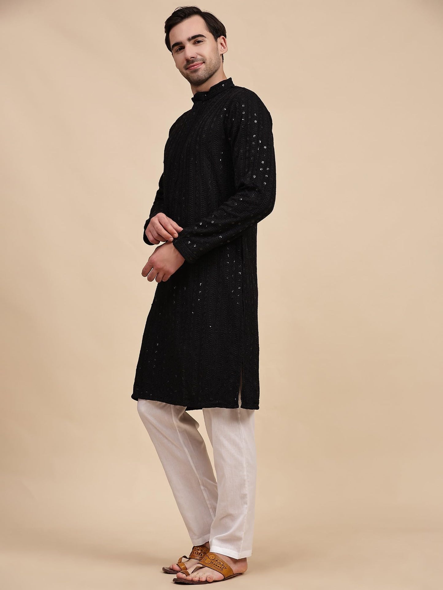 SKAVIJ Men's Viscose Rayon Embroidered Kurta Pajama Set Sequined Woven Design Festive Party Dress (KP137black_Black_XL)