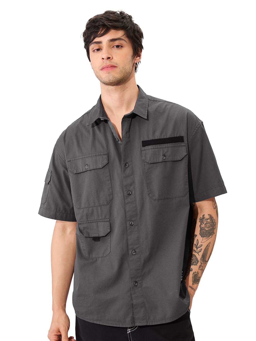 The Souled Store Solids: Moon Grey Men and Boys Button Front Short Sleeve All Over Print Oversized Fit Shirts White - Soft Comfortable Cotton Baggy Drop Shoulder