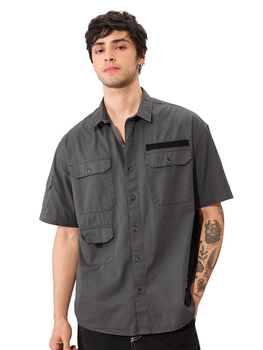 The Souled Store Solids: Moon Grey Men and Boys Button Front Short Sleeve All Over Print Oversized Fit Shirts White - Soft Comfortable Cotton Baggy Drop Shoulder