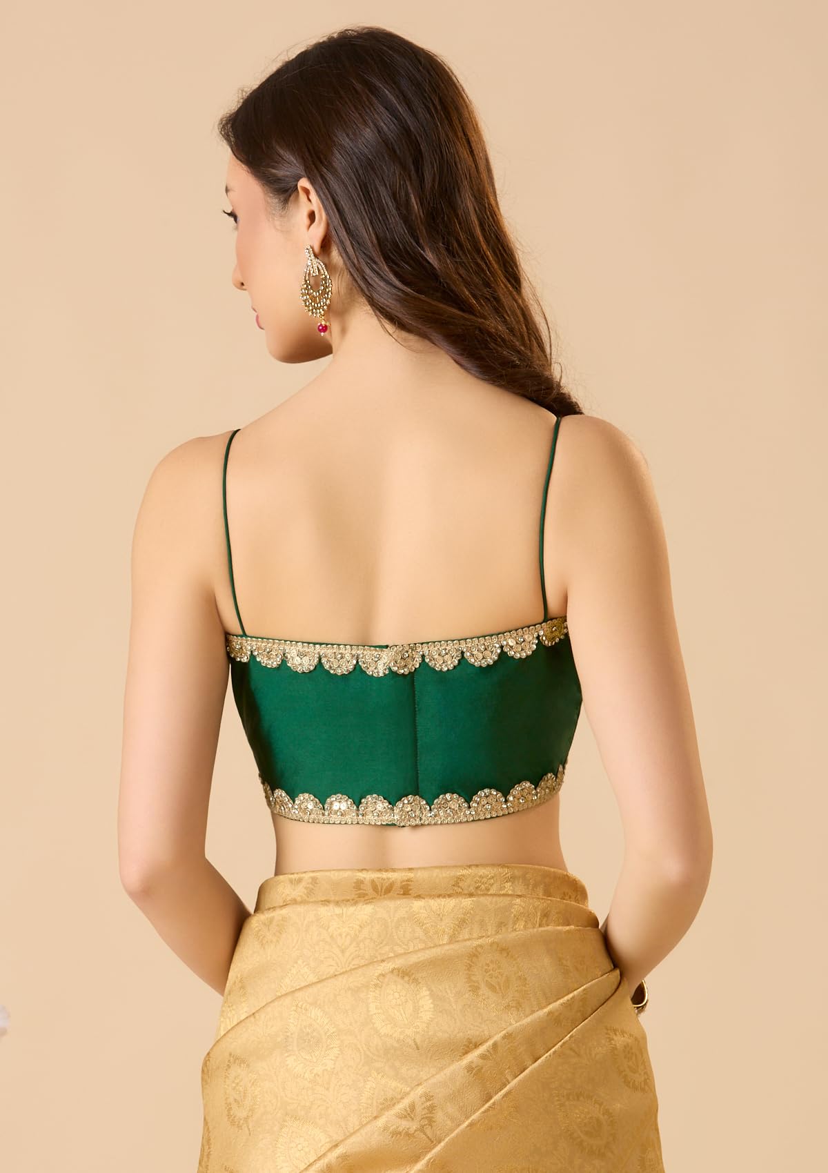 S SALWAR STUDIO Green Taffeta Silk Spaghetti Readymade Blouse