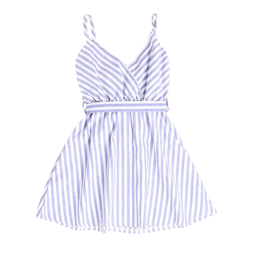 Hopscotch Girls Sleeveless Stripe Print Casual Dress In Blue Color for Ages 2-3 Years