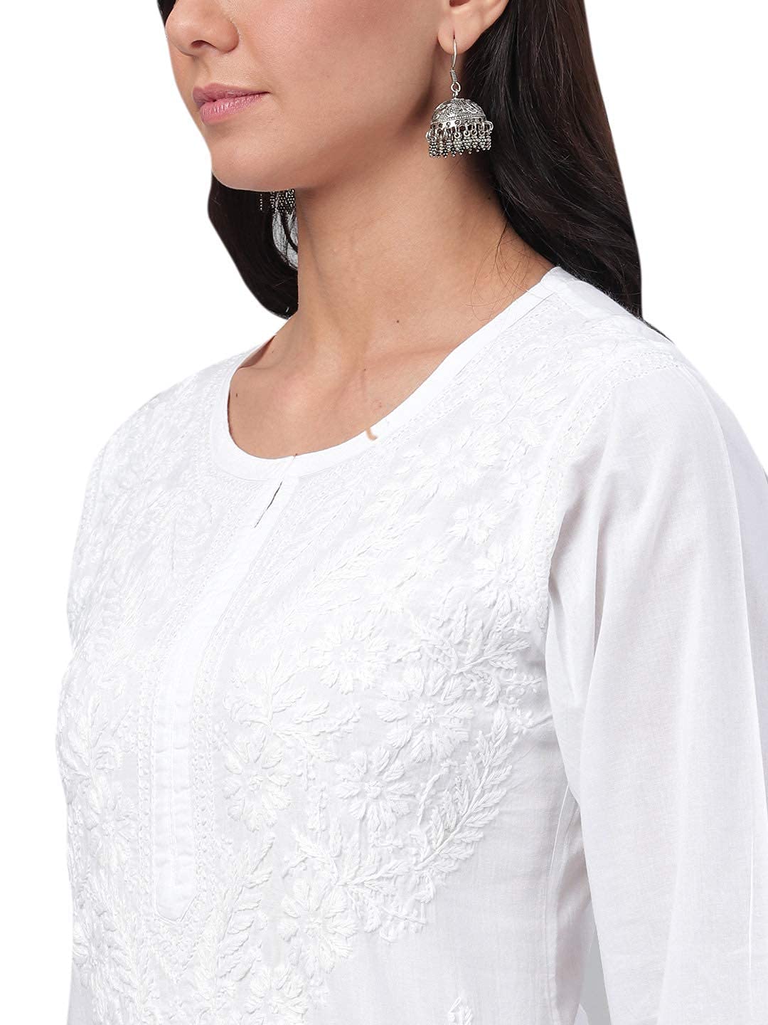 Ada Lucknowi Chikankari Hand Embroidered White Cotton Kurti Kurta for Women A149984 (XL)