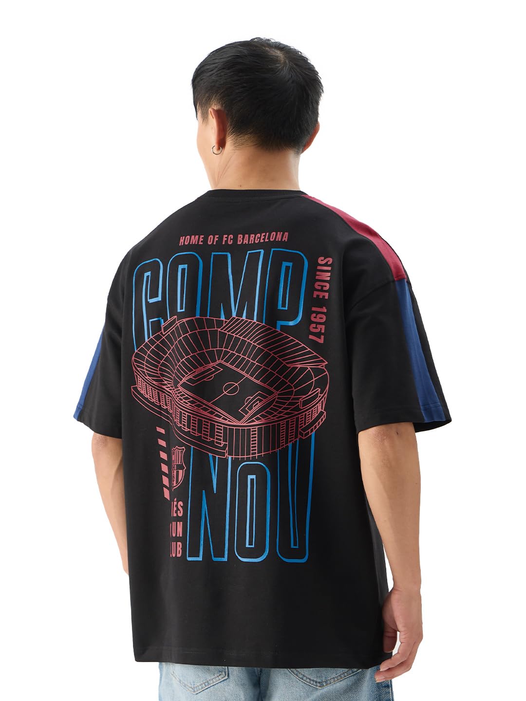 The Souled Store Official FCB: Camp NOU Black Graphic Printed Oversized Cotton T-Shirt for Men & Boys- Short Sleeve Round Neck