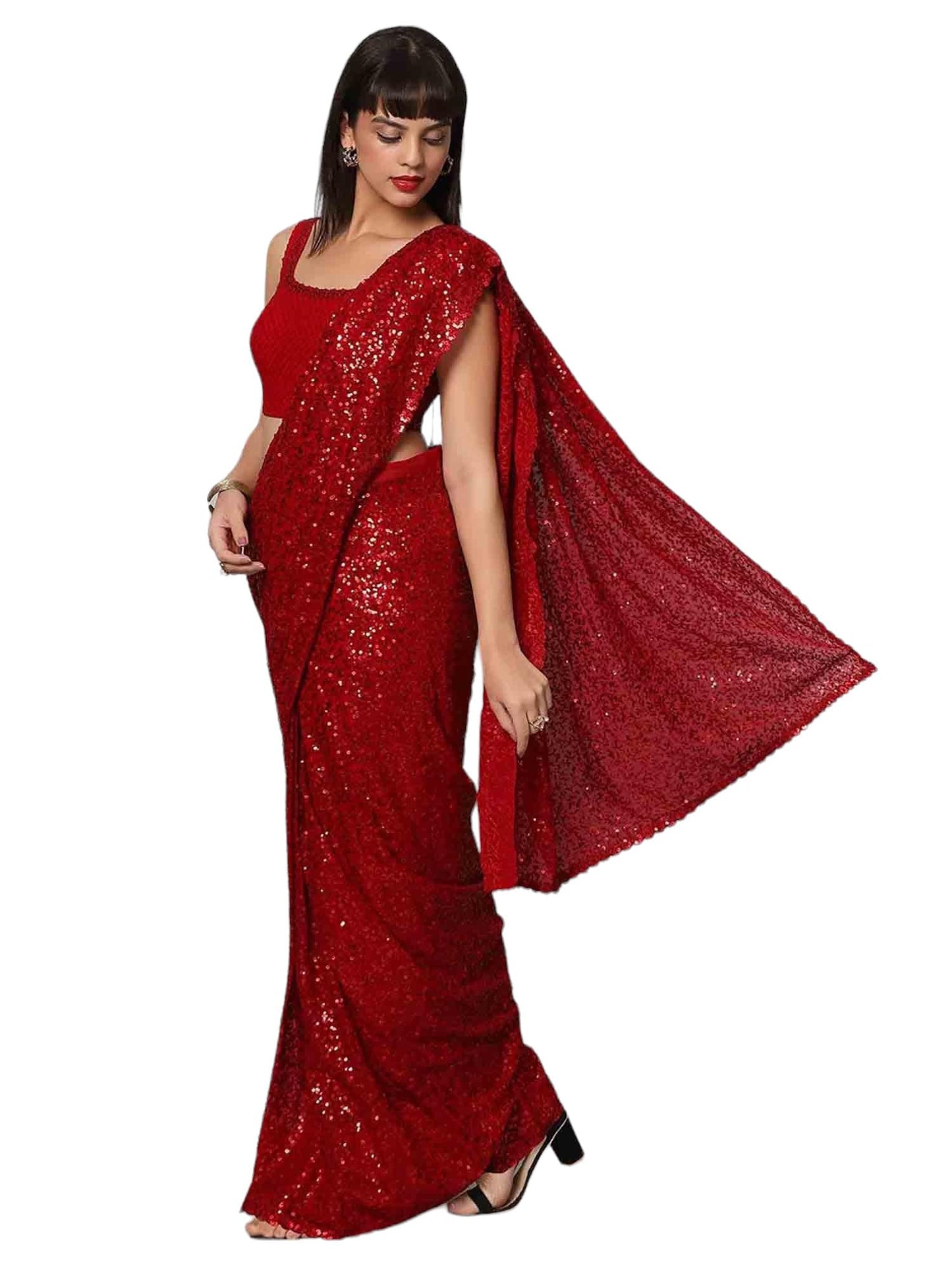 Zeel Clothing Women's Red Sequins Work Heavy Georgette Saree with Blouse (1010-Ruby-Red-Sequins-Party-Saree-New, Ruby Red)