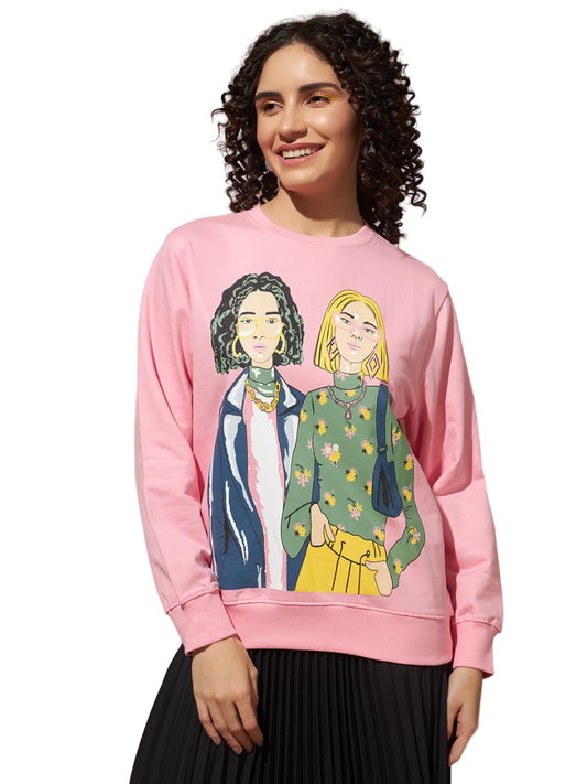 THE DRY STATE Women's Round Neck Loose Fit Sweatshirt with Graphic Print at Front