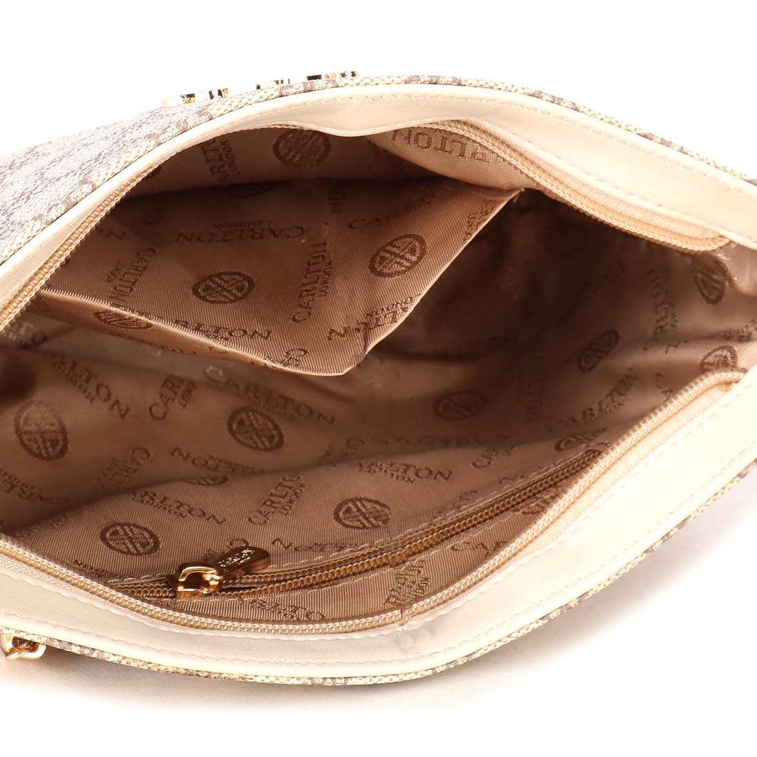 Carlton London Women's Beige Signature Crossbody Bag with Gold Chain Strap