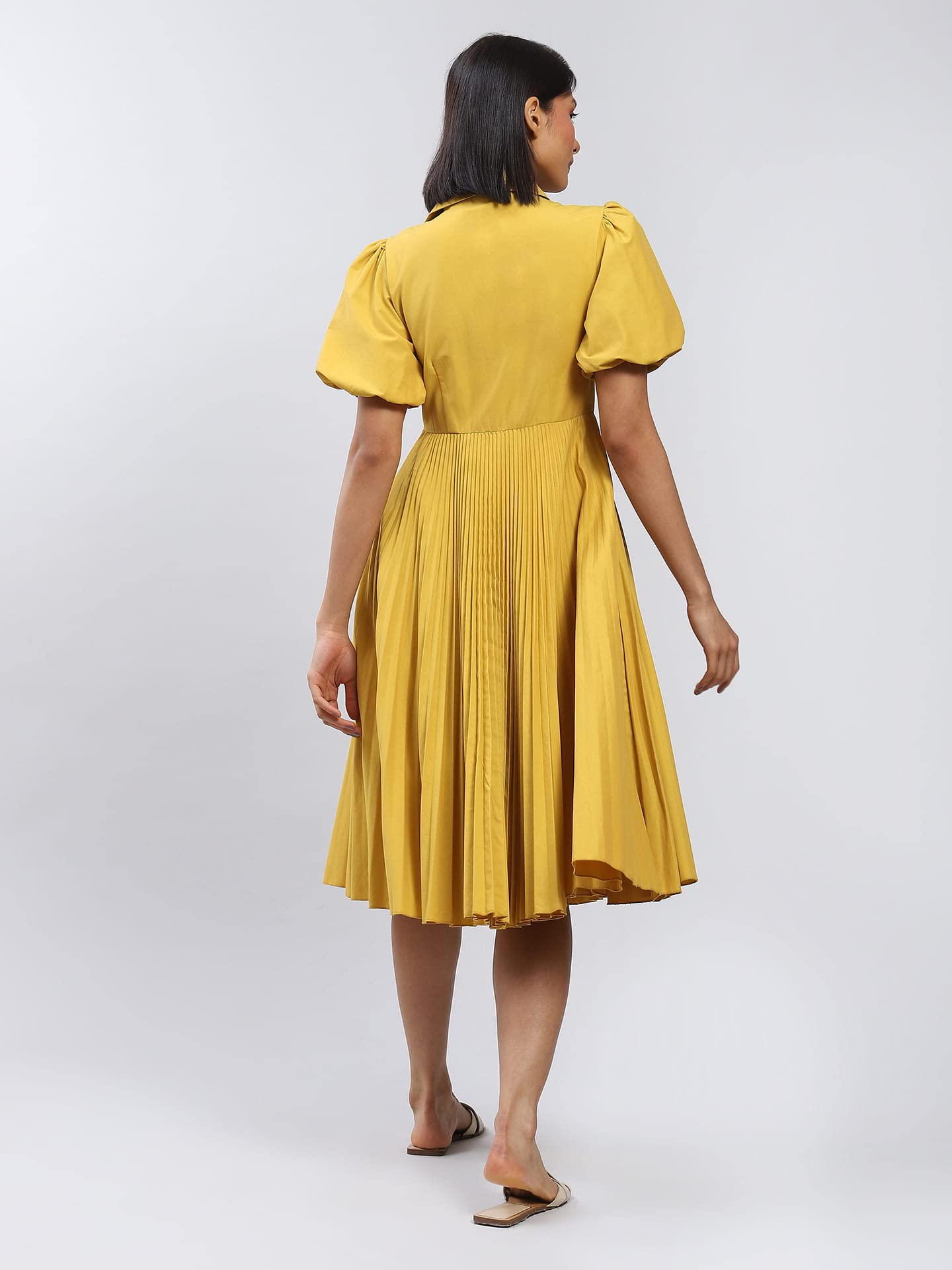 Label RITU KUMAR Mustard Button-Up Midi Dress with Pleats