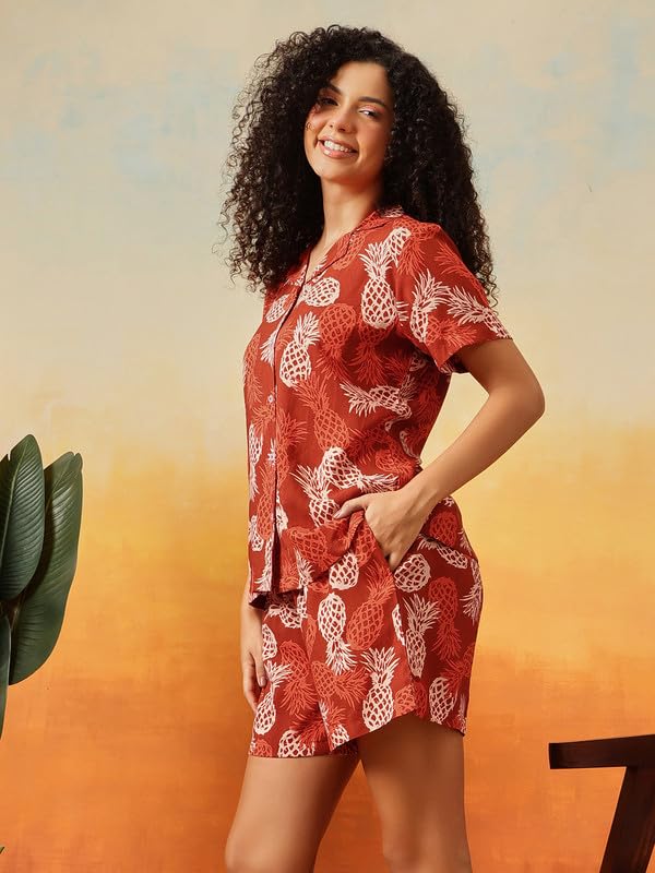 Clovia Women's Rayon Co-ord Nightwear Set – Printed Button-Down Shirt & Shorts | Lounge & Sleep Set (LS0141G06_Brown_XL)
