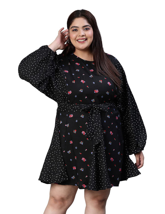 oxolloxo Women Plus Size Floral Print Tie-Knotted Round Neck Black Dress