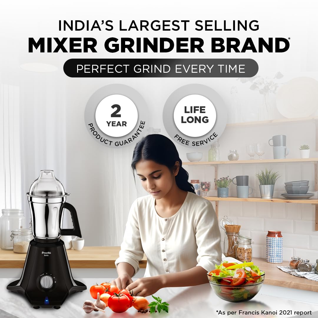 Preethi Boltz Mixer Grinder for Kitchen | 4 Jars 1000 Watts Mixie| 3 Stainless Steel Jar & 1 Blender Jar for Milkshake,Smoothie,Puree - Black (MG-288)