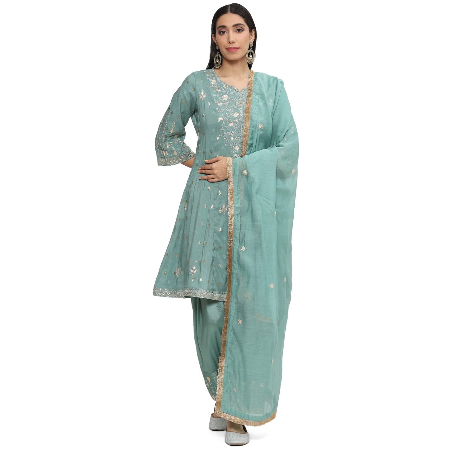 BIBA WOMEN EMBROIDERY RELAXED SALWAR KURTA DUPATTA(SKDKIRAN8469_SAP GREEN_40)
