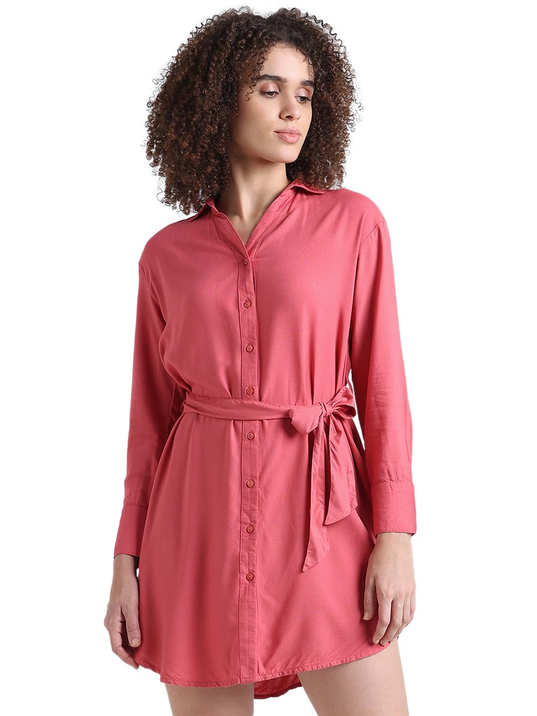 ONLY Women Solid Viscose Above Knee Pink Shirt Dress