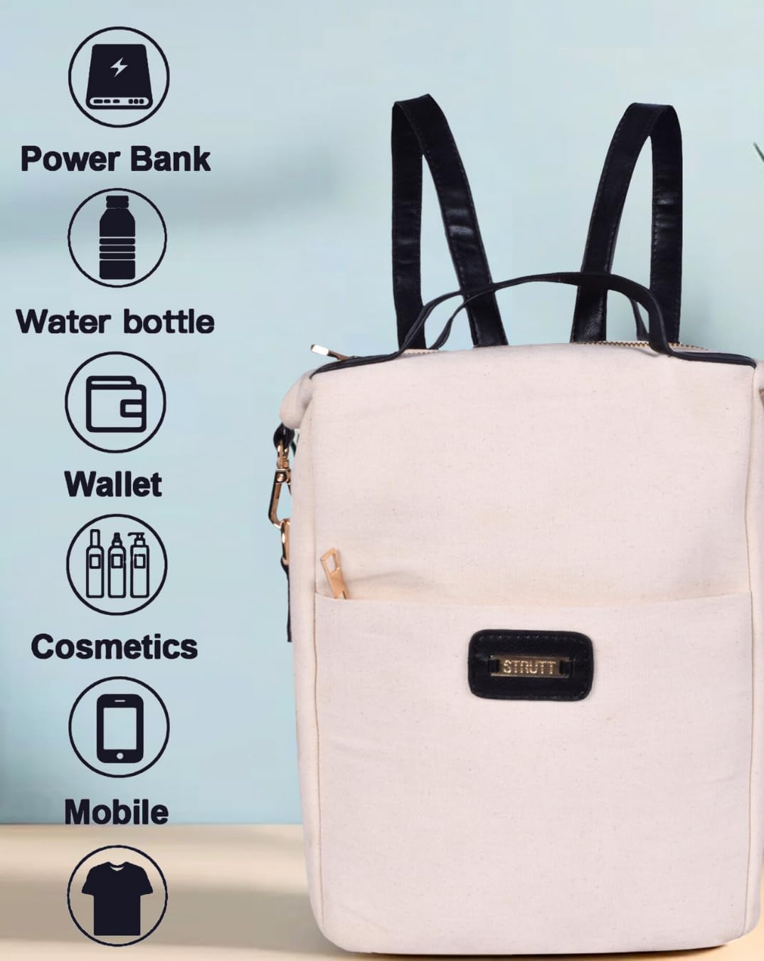 STRUTT Leather Backpack Bags | Canvas & Leather Midi| For Women/Girls Office/College Stylish |Airportl bag | Casual | Stylish | Shoulder Bag for Girls College | Sling |Travel Daily Use