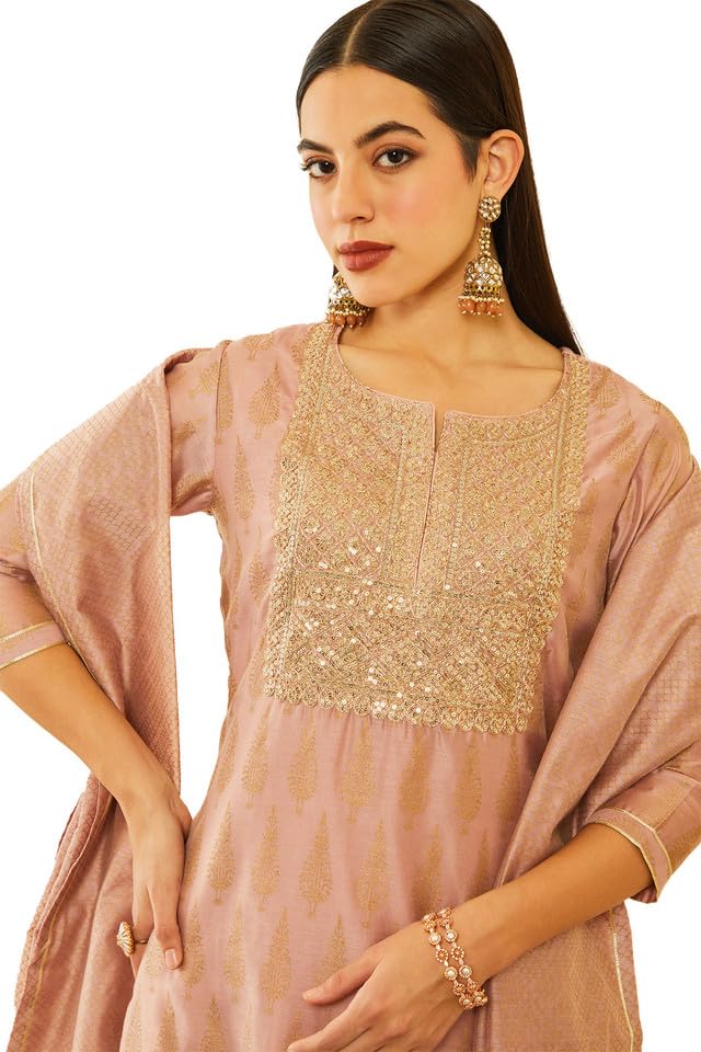 Soch Womens Onion Pink Chanderi Sequinned Embellished Printed Suit Set