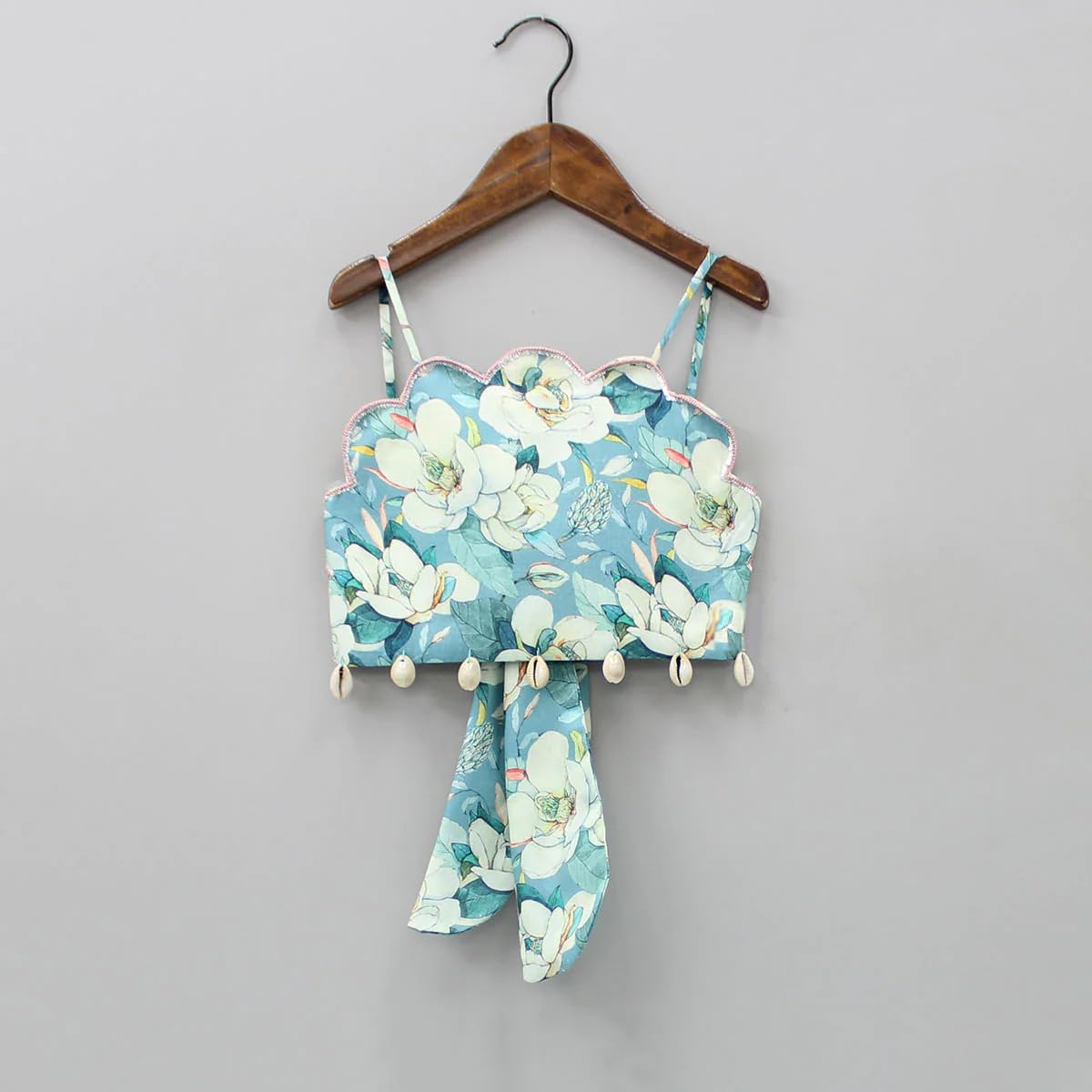 Leons Fab Girl's Floral Printed Scalloped Cut Back Tie Knot Top With Lehenga (11-12 Years, Green)