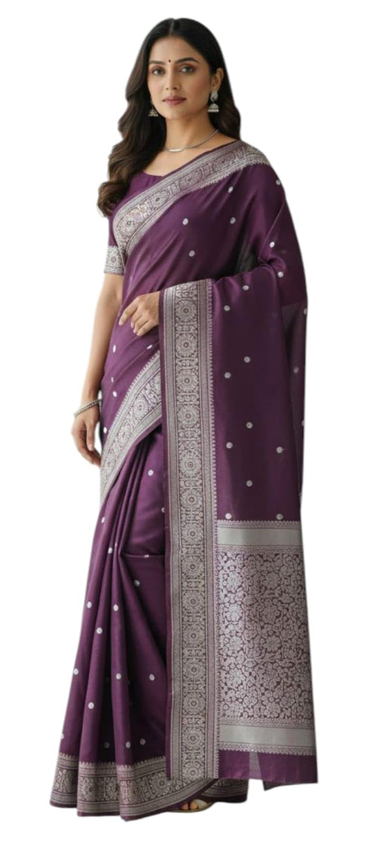 Women's Glory Kanjivaram Soft Lichi Silk Saree With Embroidered Design and Zari Work For Wedding Banarasi Style Sari With Jacquard Woven Unstiched Blouse Piece for Wedding sadi (Wine bindi silver)