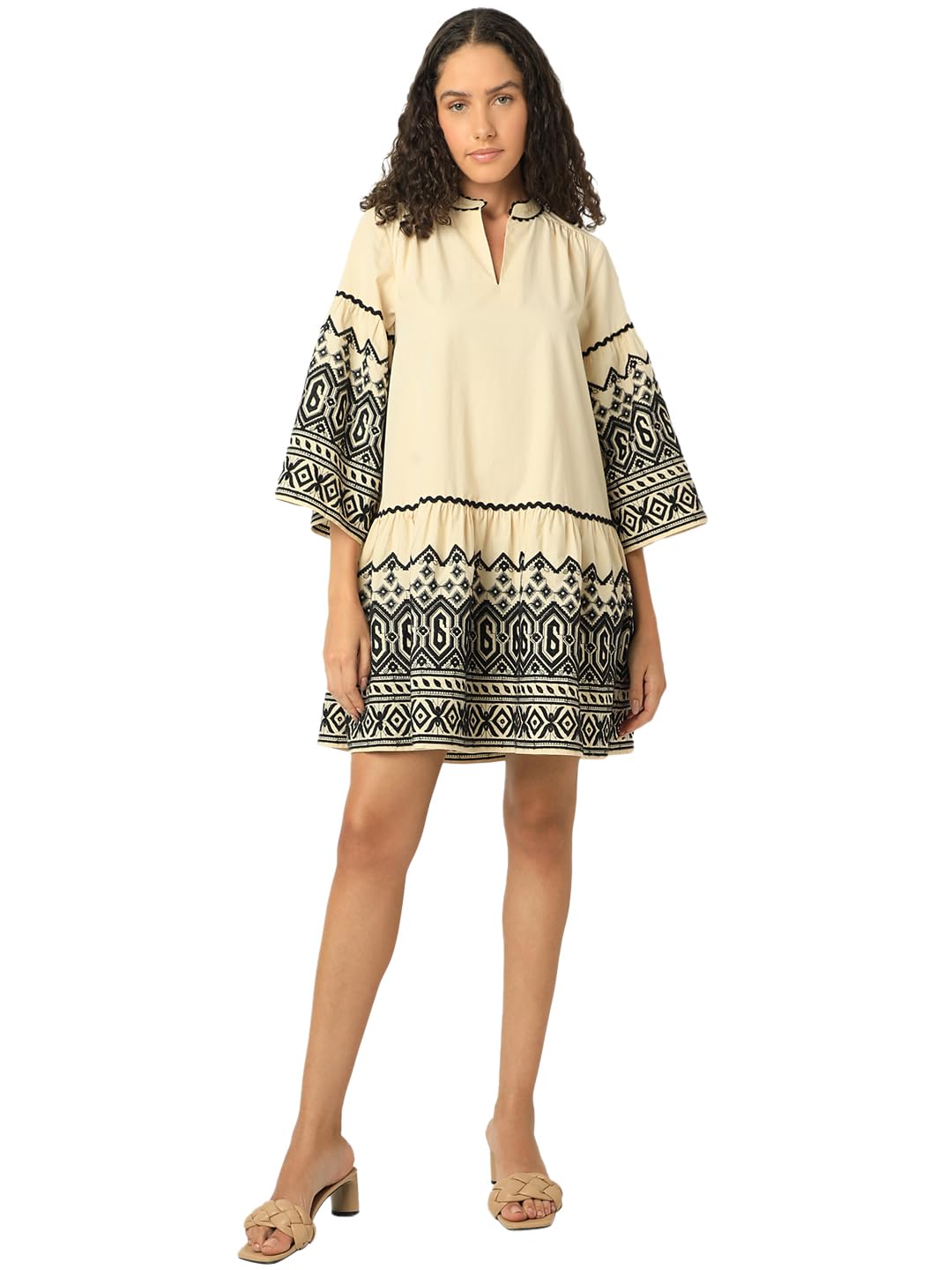 VERO MODA Women Embroidered Yellow Cotton Midi Length Fit and Flare Dress