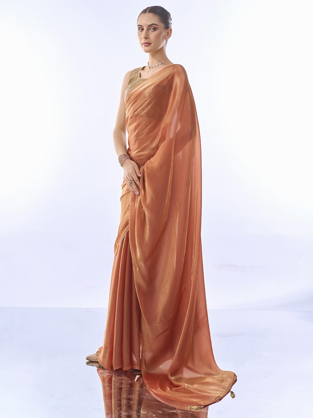ORHANS Women's Organza Latakan Lightweight Saree With Art Silk Sequence Work Golden Unstitched Blouse Piece