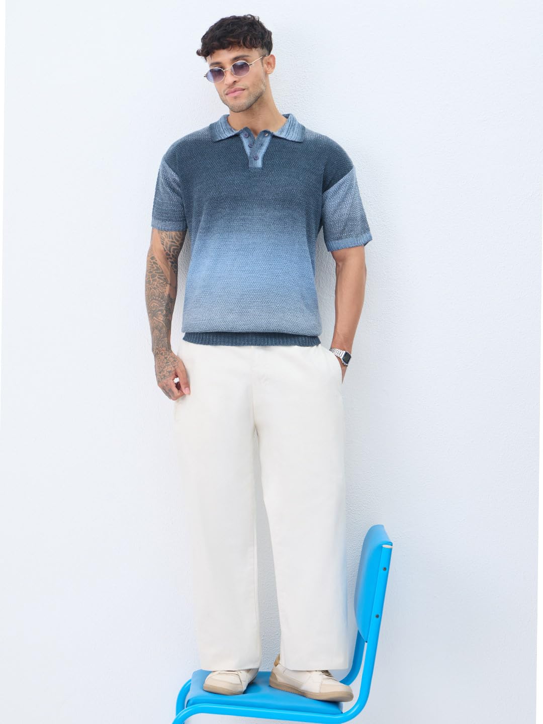The Souled Store: Everyday Polo: Slate Men and Boys Short Sleeve Spread Collar Slate Gradient All-Over Acrylic Regular Fit Breathable Knit Texture Lightweight Polos