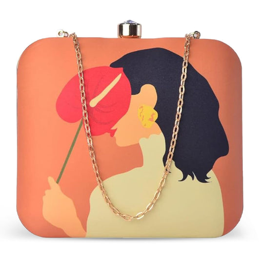Artklim Vibrant Orange Colour Shy Woman Portrait Clutch Bag For Women With Detachable Starp