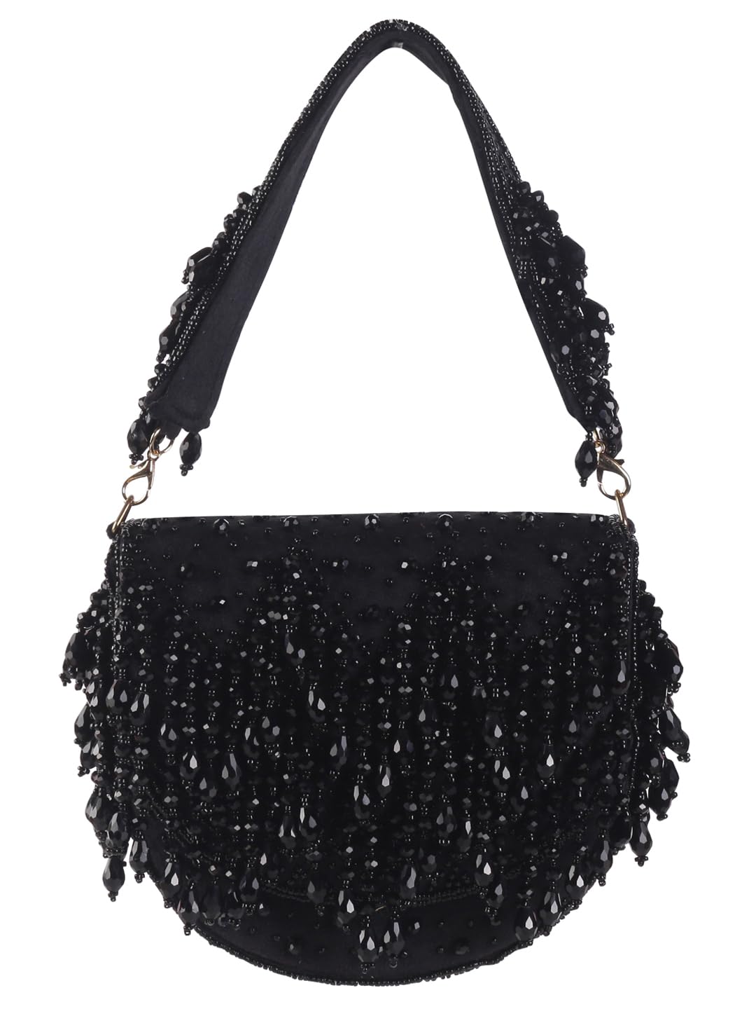 SWISNI Crystal Embroidered Clutch Bag With Megnetic Closure Handheld Purrse | For Bridal With Detachable Sling (Black)