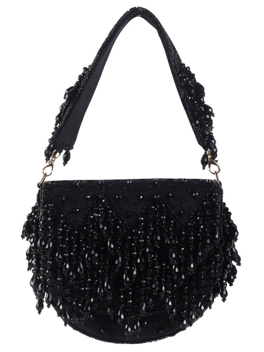 SWISNI Crystal Embroidered Clutch Bag With Megnetic Closure Handheld Purrse | For Bridal With Detachable Sling (Black)