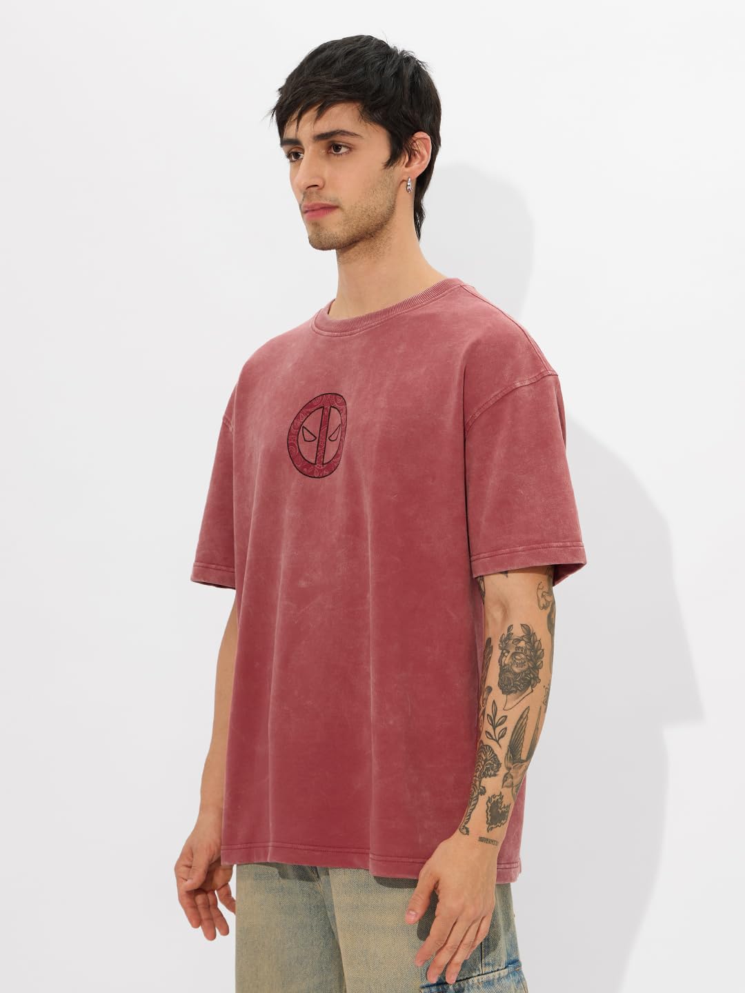 The Souled Store Official Deadpool: Anti-Hero Men and Boys Short Sleeves Round Neck Pink Graphic Printed Cotton Oversized T-Shirts