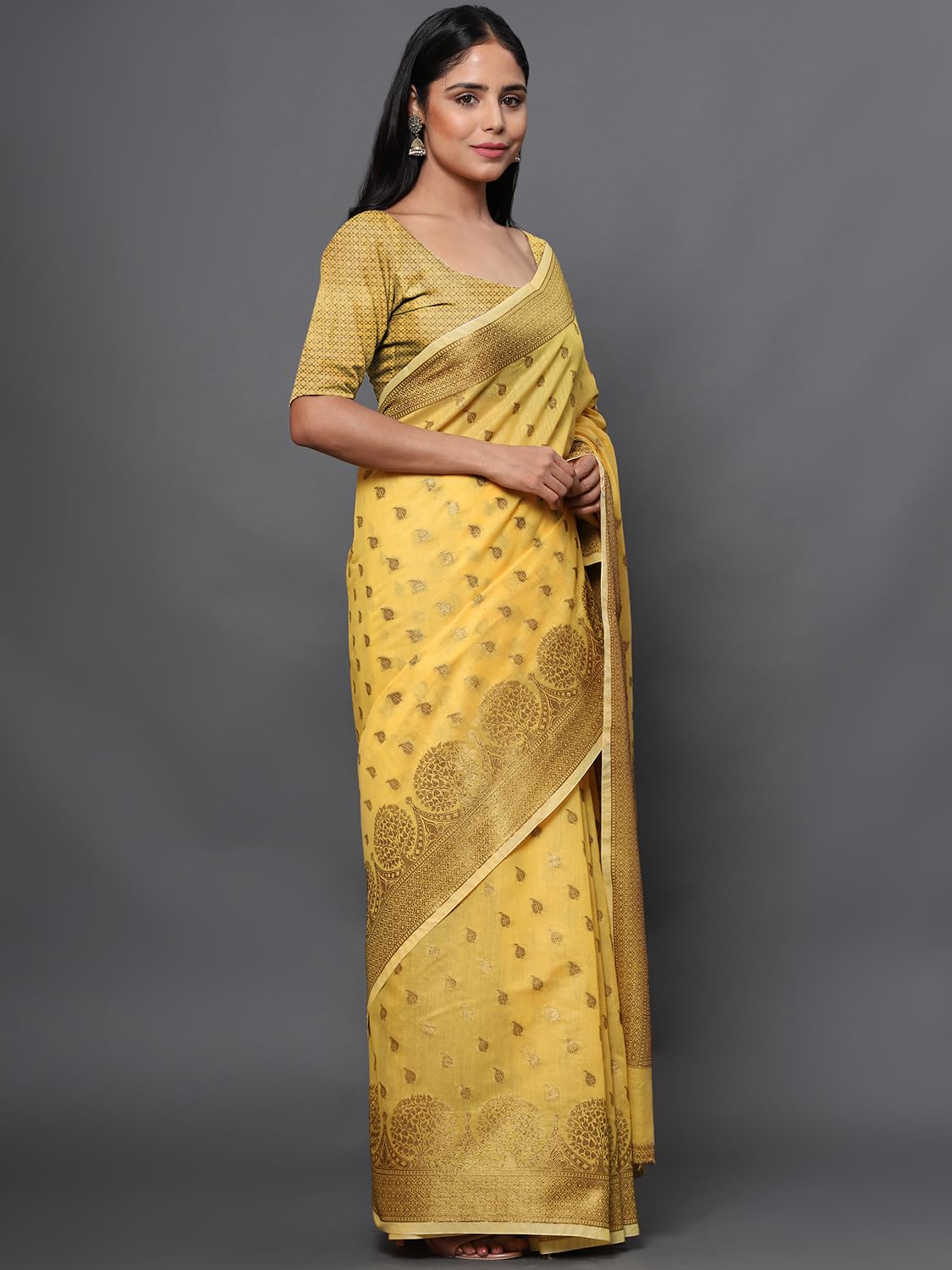 leeza store Women's Yellow Cotton Silk Blend Golden Zari Tree Pattern Border Rich Pallu Banarasi Saree With Blouse Piece