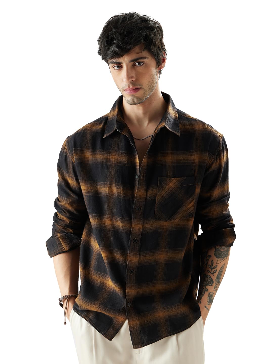The Souled Store Plaid: Brown Mustard and Black Men Relaxed Shirts