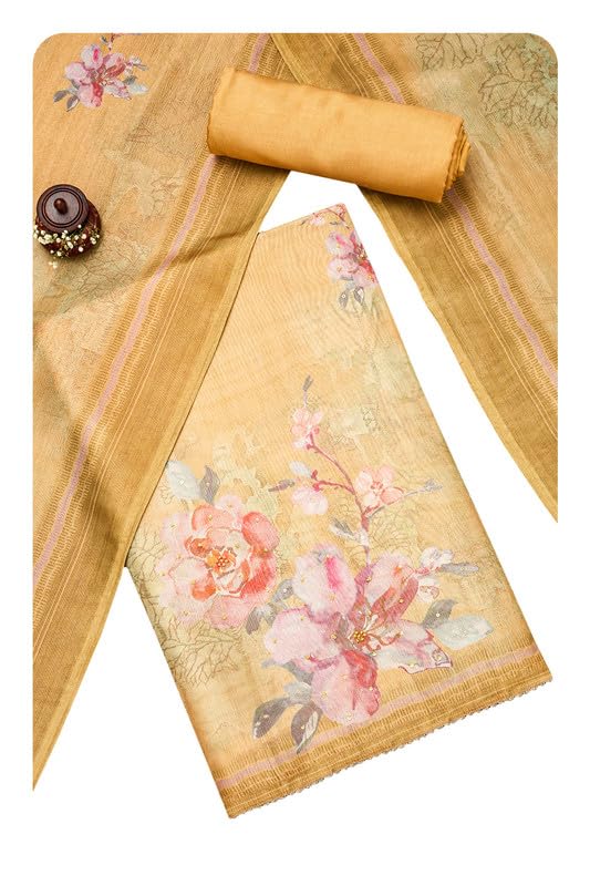 Soch Womens Mustard Silk Blend Floral Print Unstitch Dress Material With Sequins Work