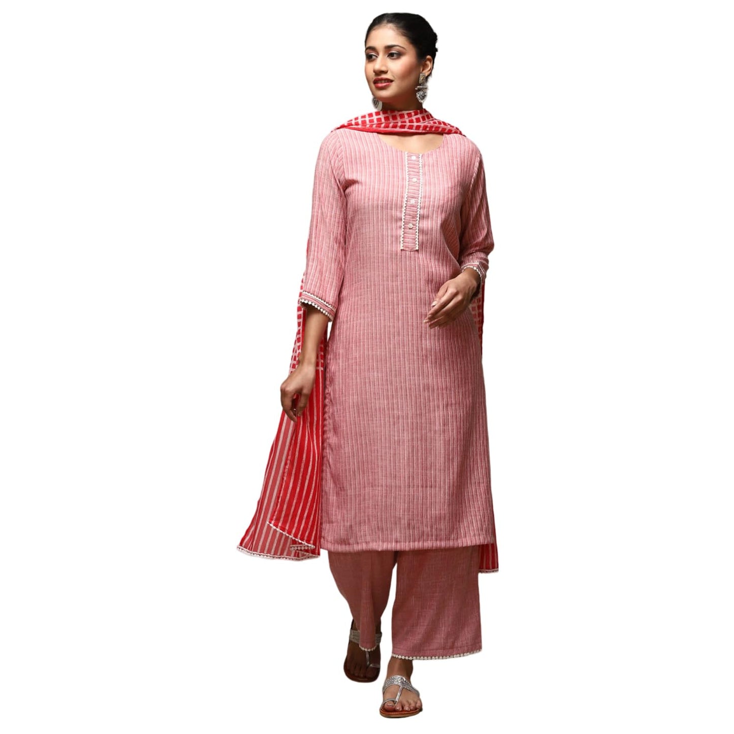 BIBA Women Cotton Yarndyed Straight Salwar Kurta Dupatta(SKD7508E_RED_36), Large