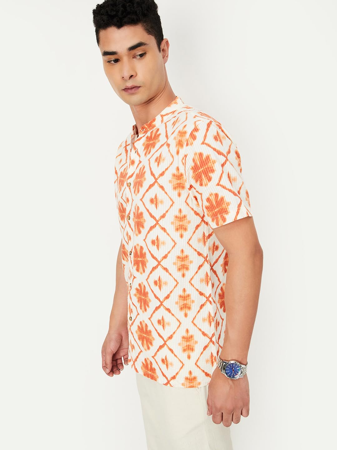 Men Printed Short Kurta, Off White, M