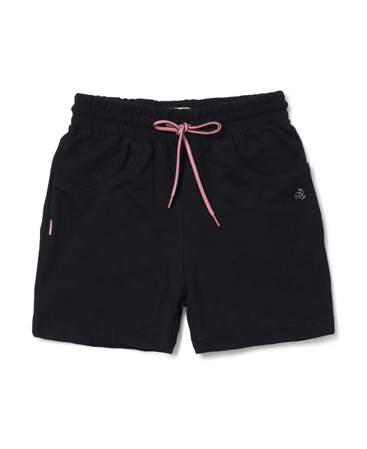 Jockey AG04 Girl's Super Combed Cotton French Terry Regular Fit Solid Shorts with Contrast Drawcord and Side Pockets_Black_11-12 Yrs
