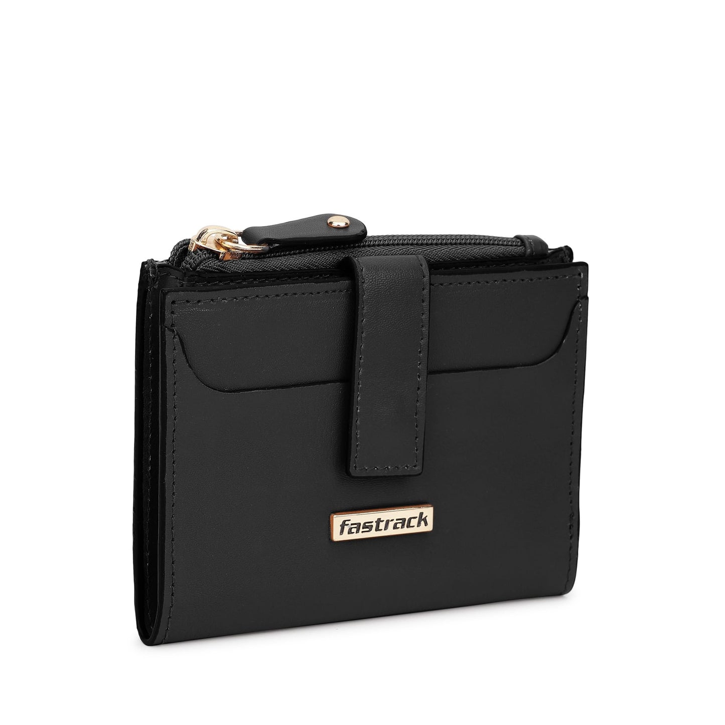 Fastrack Black Two-Fold Wallet | Faux-Leather Women’s Wallet | Compact Design with Card Slots & Zippered Pocket