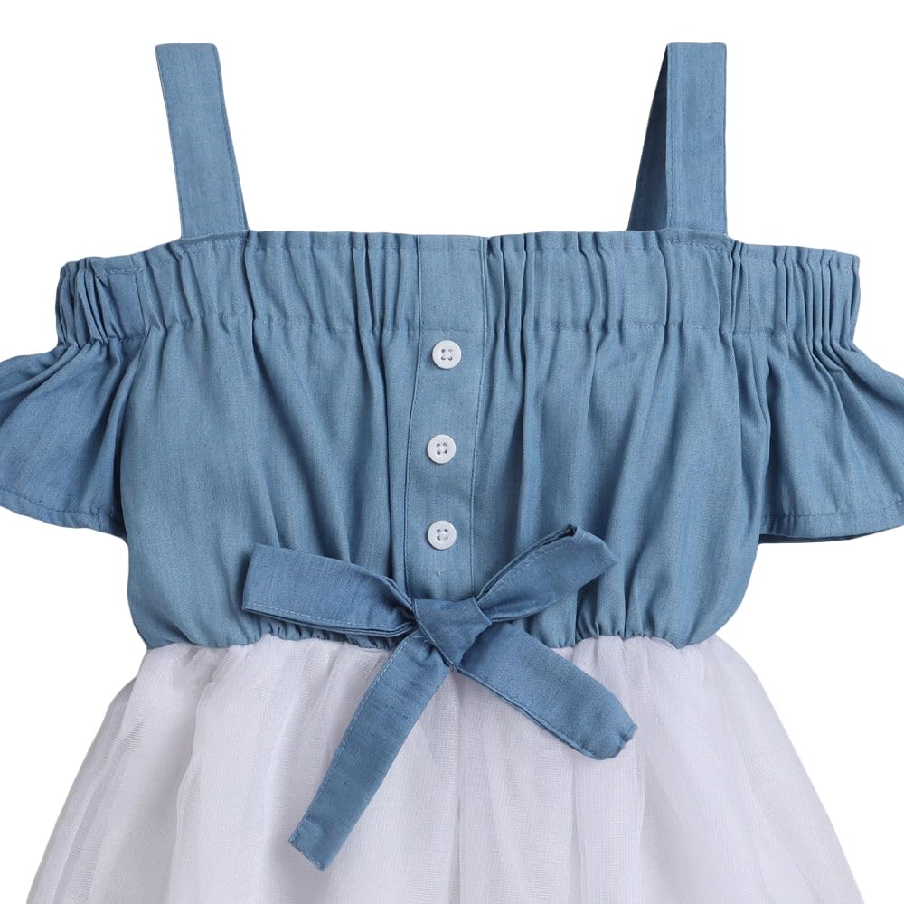 Hopscotch Girls Cotton Solid Cold-Shoulder Sleeves A-line Casual Dresses In Blue Color For Ages 4-5 Years (EWE-3113585)