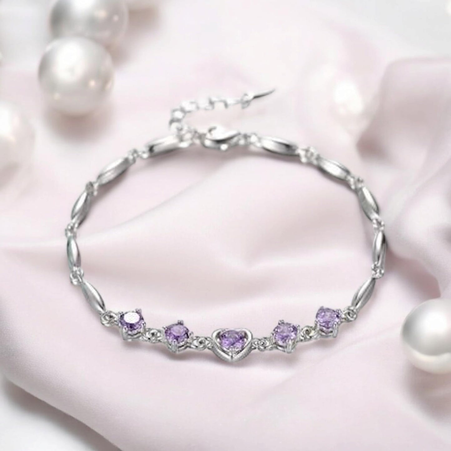 Nilu's Collection Copper Sterling Silver Plated Heart Shape Designed Charm Bracelet for Women (Pack of 1,Purple) (Purple)